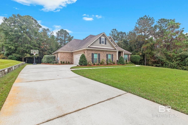 craftsman inspired home featuring a garage and a front lawn