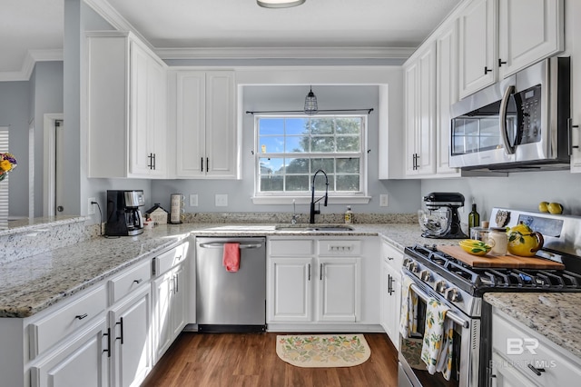 9678 Nottingham Ct, Daphne, AL 36526 - kitchen with appliances with stainless steel finishes, white cabinets, dark wood finished floors, light stone countertops, and ornamental molding