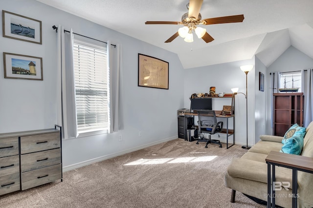 9678 Nottingham Ct, Daphne, AL 36526 - carpeted home office featuring a ceiling fan and lofted ceiling