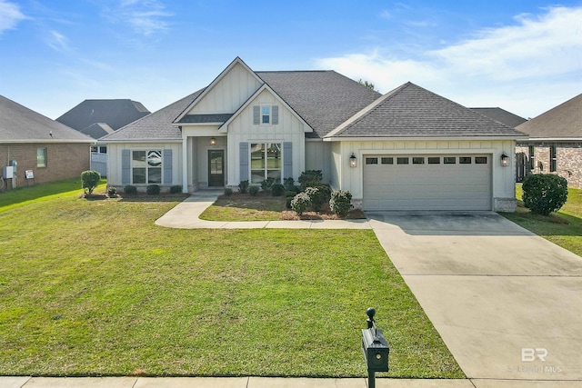 view of front facade featuring roof with shingles, board and batten siding, concrete driveway, a front yard, and a garage