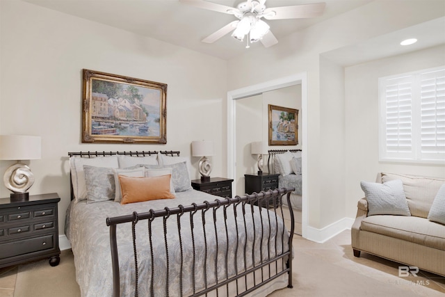 bedroom with ceiling fan, a closet, recessed lighting, and baseboards