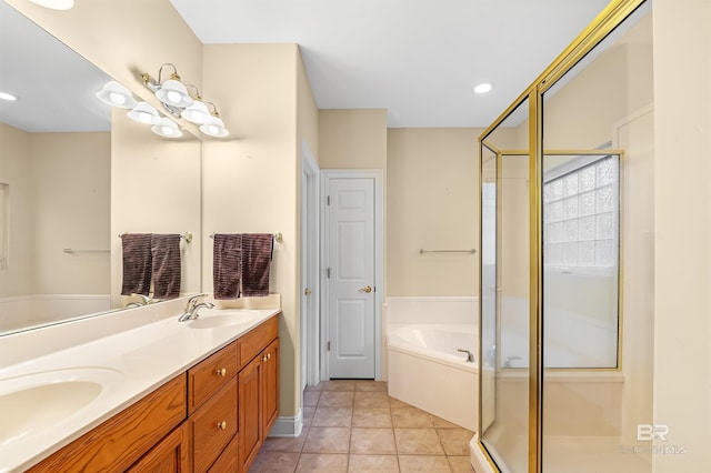 bathroom featuring vanity, tile patterned floors, and independent shower and bath