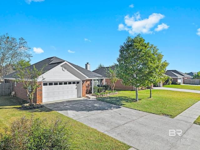 ranch-style home with a garage and a front lawn