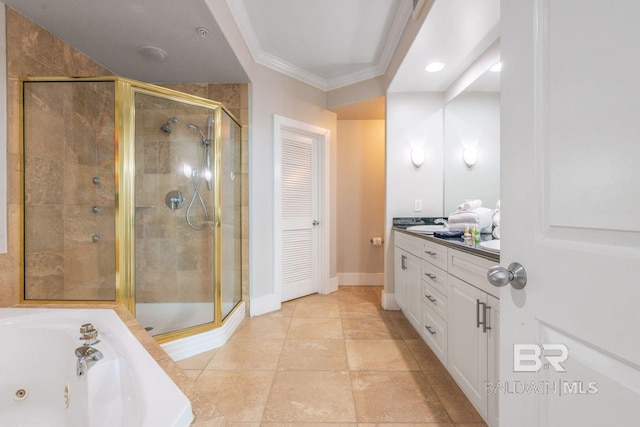 bathroom with ornamental molding, vanity, tile flooring, and independent shower and bath