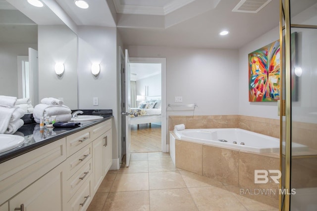 bathroom with tile flooring, double sink, a relaxing tiled bath, ornamental molding, and oversized vanity