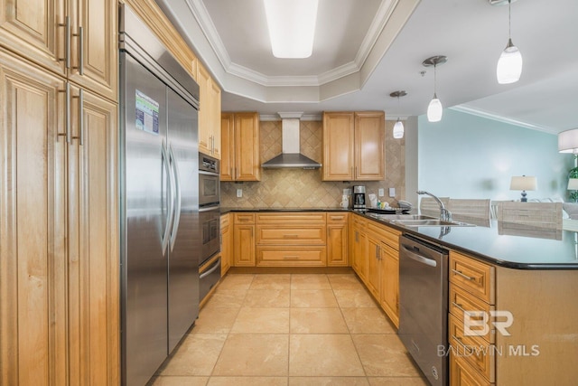 kitchen featuring pendant lighting, sink, crown molding, appliances with stainless steel finishes, and wall chimney exhaust hood