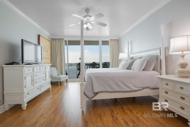 bedroom with crown molding, access to exterior, ceiling fan, and hardwood / wood-style flooring