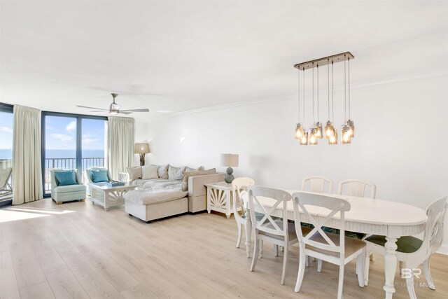 dining room with floor to ceiling windows, ornamental molding, ceiling fan with notable chandelier, a water view, and light hardwood / wood-style flooring