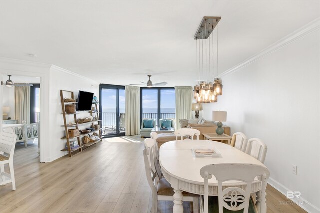 dining space with ceiling fan with notable chandelier, expansive windows, crown molding, and light hardwood / wood-style flooring