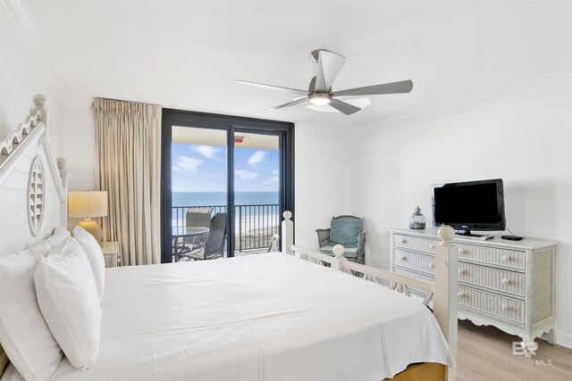 bedroom with ceiling fan, ornamental molding, access to outside, and light hardwood / wood-style flooring