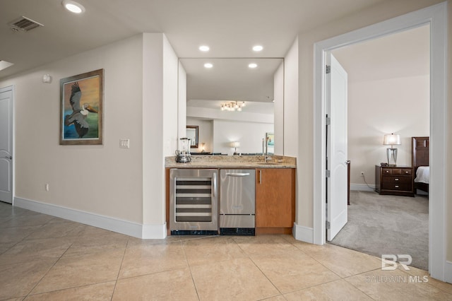 bar featuring wine cooler, light tile patterned flooring, visible vents, and recessed lighting