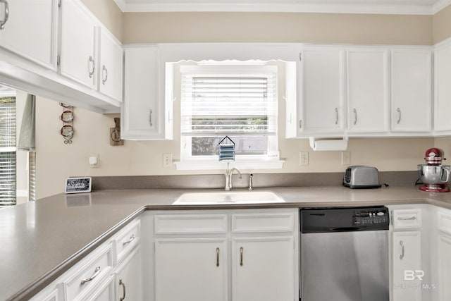 7431 Summer Ct, Mobile, AL 36695 - kitchen featuring stainless steel dishwasher, a sink, white cabinets, and ornamental molding