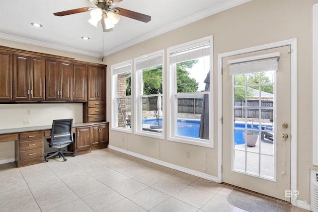 7431 Summer Ct, Mobile, AL 36695 - office with built in study area, ceiling fan, light tile patterned floors, ornamental molding, and baseboards