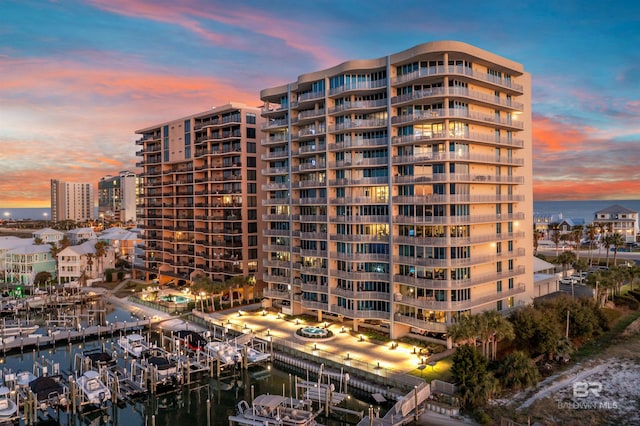 view of building exterior featuring a water view