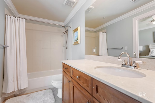 bathroom with vanity, visible vents, ornamental molding, shower / tub combo, and toilet