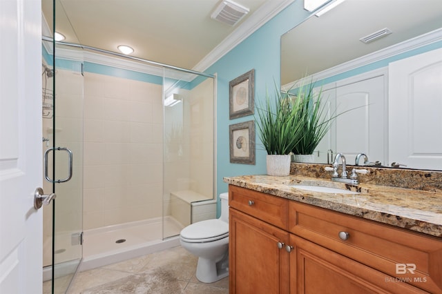 bathroom with toilet, ornamental molding, visible vents, and a stall shower