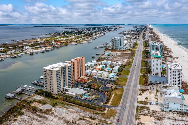 aerial view featuring a water view and a city view