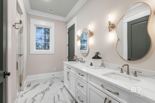 845 Inlet Cir, Gulf Shores, AL 36542 - full bathroom with double vanity, marble look tile flooring, and crown molding