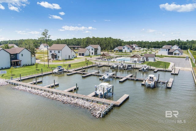 845 Inlet Cir, Gulf Shores, AL 36542 - dock featuring a residential view, a water view, and view of scattered trees