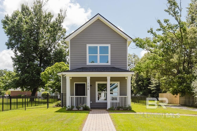 view of front of house with a porch and a front lawn