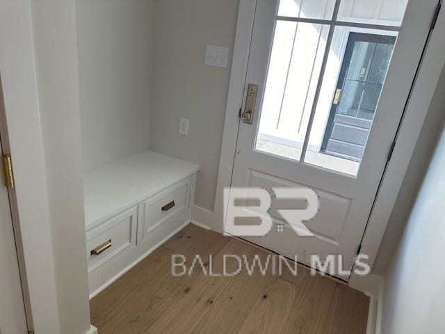 mudroom with light hardwood / wood-style flooring