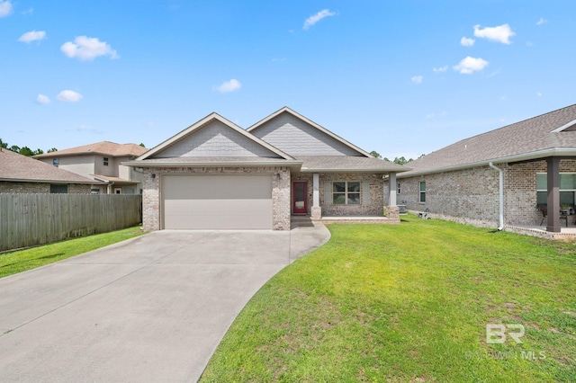 ranch-style home with a garage and a front lawn