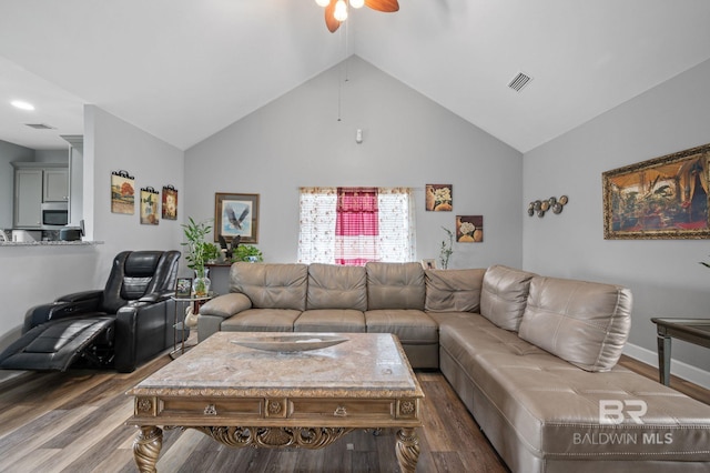 1206 Crown Walk Dr, Foley, AL 36535 - living room with ceiling fan, high vaulted ceiling, and dark hardwood / wood-style flooring