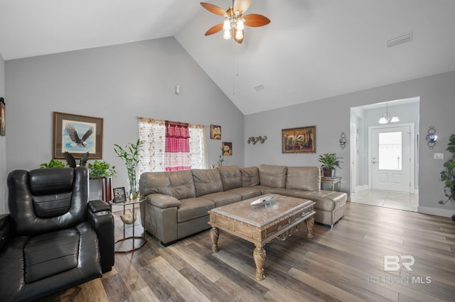 1206 Crown Walk Dr, Foley, AL 36535 - living room featuring hardwood / wood-style flooring, high vaulted ceiling, and ceiling fan