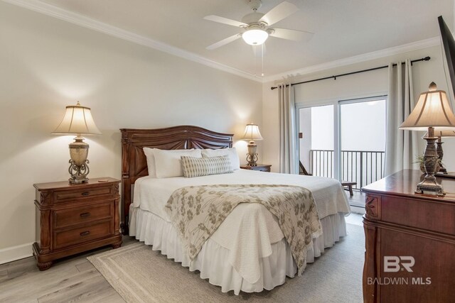 401 E Beach Blvd Unit 1302, Gulf Shores, AL 36542 - bedroom featuring baseboards, crown molding, access to exterior, ceiling fan, and light wood finished floors