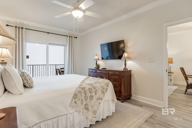 401 E Beach Blvd Unit 1302, Gulf Shores, AL 36542 - bedroom with baseboards, ornamental molding, ceiling fan, light wood-type flooring, and access to exterior