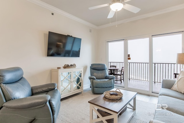 401 E Beach Blvd Unit 1302, Gulf Shores, AL 36542 - living room with ornamental molding, a ceiling fan, and visible vents