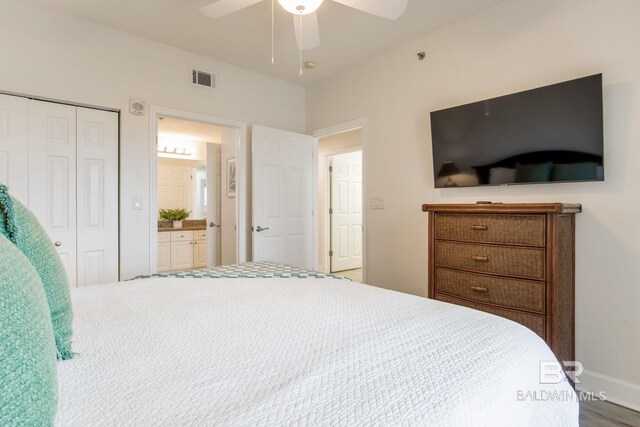 401 E Beach Blvd Unit 1302, Gulf Shores, AL 36542 - bedroom featuring ceiling fan, a closet, ensuite bath, visible vents, and baseboards