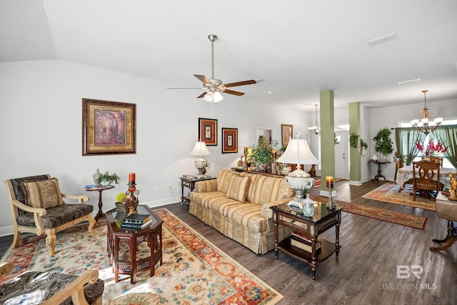 23038 Ridgewood Dr, Robertsdale, AL 36567 - living room with a chandelier, wood finished floors, baseboards, ceiling fan, and vaulted ceiling