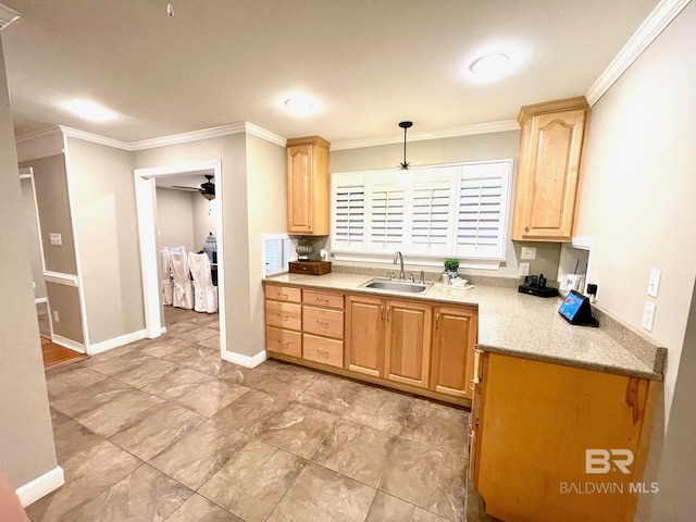 1203 Captain Oneal Dr, Daphne, AL 36526 - kitchen featuring light brown cabinetry, a sink, ceiling fan, ornamental molding, and baseboards