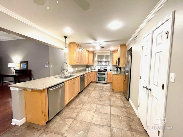1203 Captain Oneal Dr, Daphne, AL 36526 - kitchen featuring ceiling fan, a sink, stainless steel appliances, ornamental molding, and light brown cabinets