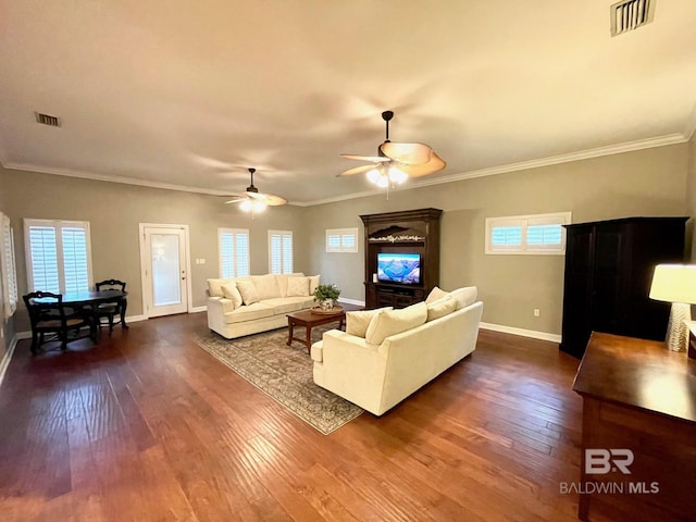 1203 Captain Oneal Dr, Daphne, AL 36526 - living area with a ceiling fan, baseboards, dark wood-style floors, and ornamental molding