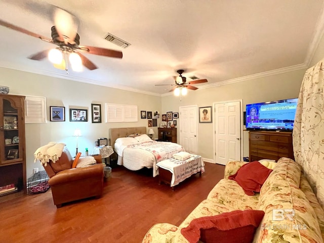 1203 Captain Oneal Dr, Daphne, AL 36526 - bedroom with dark wood-type flooring, ornamental molding, and a ceiling fan