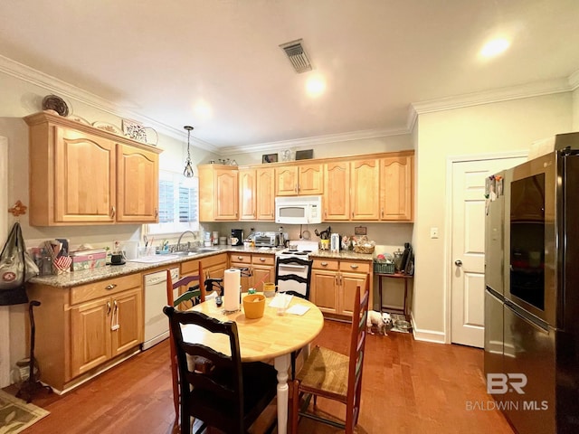1203 Captain Oneal Dr, Daphne, AL 36526 - kitchen featuring white appliances, a sink, ornamental molding, dark wood finished floors, and light brown cabinets