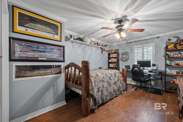 1203 Captain Oneal Dr, Daphne, AL 36526 - bedroom with wood finished floors, baseboards, ornamental molding, an office area, and a ceiling fan