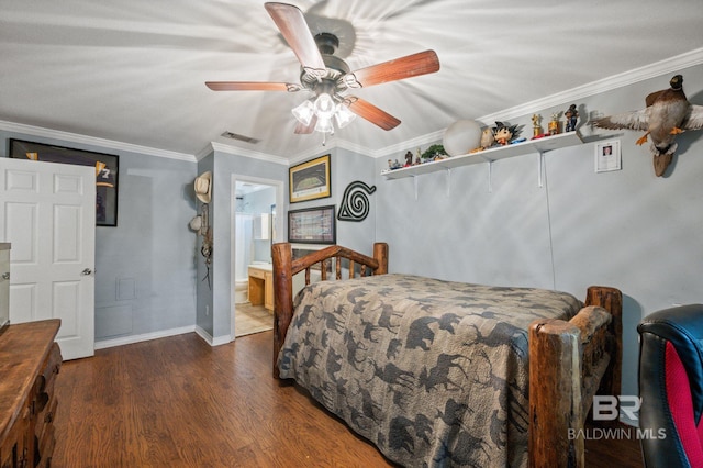 1203 Captain Oneal Dr, Daphne, AL 36526 - bedroom with wood finished floors, ornamental molding, ceiling fan, baseboards, and ensuite bathroom