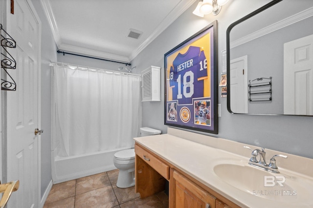 1203 Captain Oneal Dr, Daphne, AL 36526 - full bath featuring ornamental molding, toilet, vanity, shower / bathtub combination with curtain, and tile patterned floors