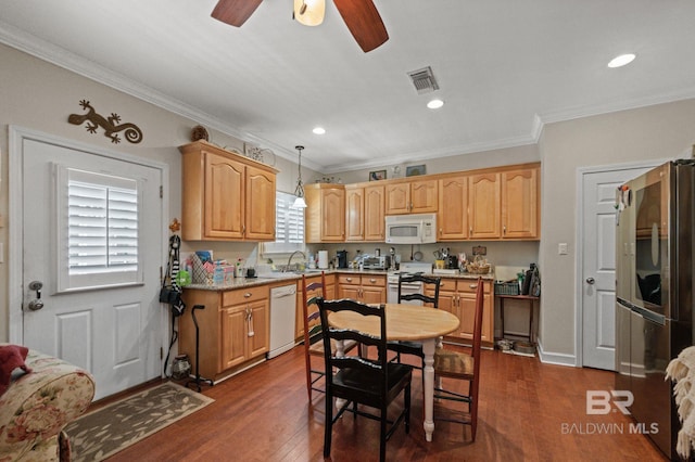 1203 Captain Oneal Dr, Daphne, AL 36526 - kitchen with white appliances, a sink, crown molding, ceiling fan, and dark wood-style flooring