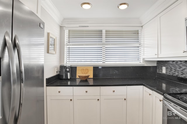 kitchen featuring white cabinetry, stainless steel fridge with ice dispenser, tasteful backsplash, and ornamental molding