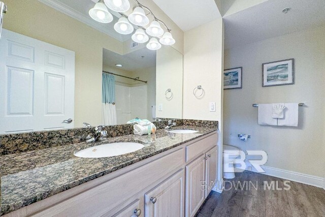 bathroom with vanity, a shower with shower curtain, hardwood / wood-style flooring, and toilet