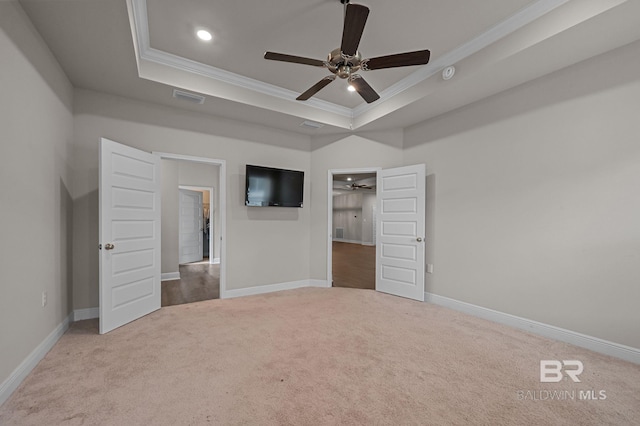 24884 Smarty Jones Cir, Daphne, AL 36526 - unfurnished bedroom with ornamental molding, a raised ceiling, carpet flooring, recessed lighting, and a ceiling fan