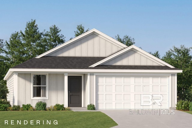 view of front of property featuring a front yard, an attached garage, a shingled roof, concrete driveway, and board and batten siding