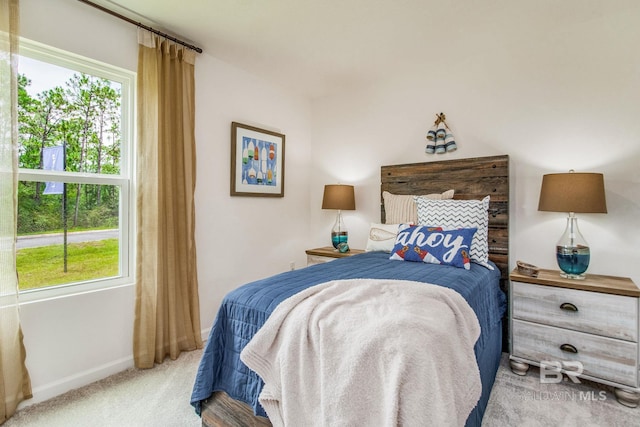 bedroom featuring baseboards, multiple windows, and carpet