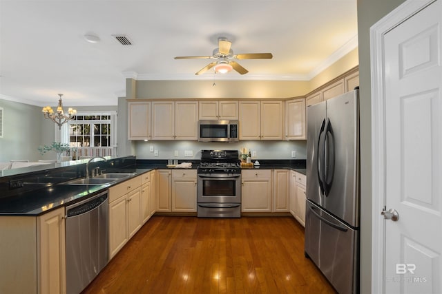 kitchen featuring ornamental molding, ceiling fan with notable chandelier, stainless steel appliances, sink, and dark hardwood / wood-style floors