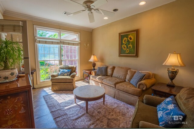 9150 County Road 91, Lillian, AL 36549 - living area featuring a ceiling fan, ornamental molding, and recessed lighting