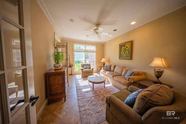 9150 County Road 91, Lillian, AL 36549 - living area featuring a ceiling fan, ornamental molding, baseboards, and recessed lighting